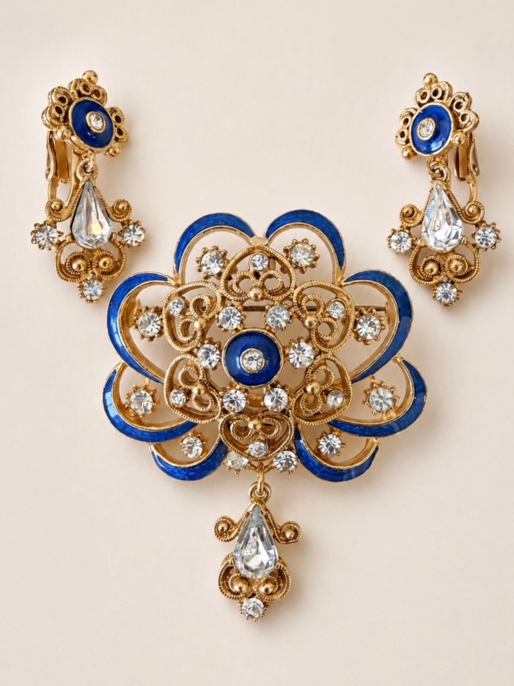 Signed Florenza Vintage Brooch & Clip-On Earrings Set
